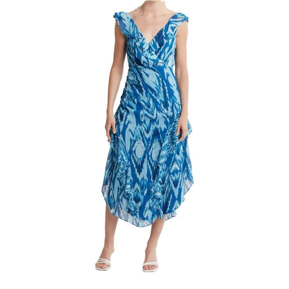 NWT Ramy Brook “Anika” ruffle chiffon maxi dress in blue hues. Size 4 - Picture 3 of 16
